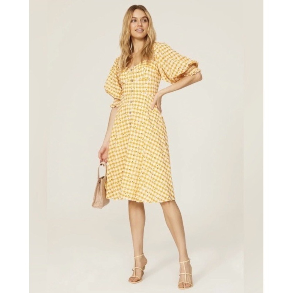 Hutch Yellow Gingham Daisy Seersucker Dress  Puff Sleeve Midi XS spring wedding